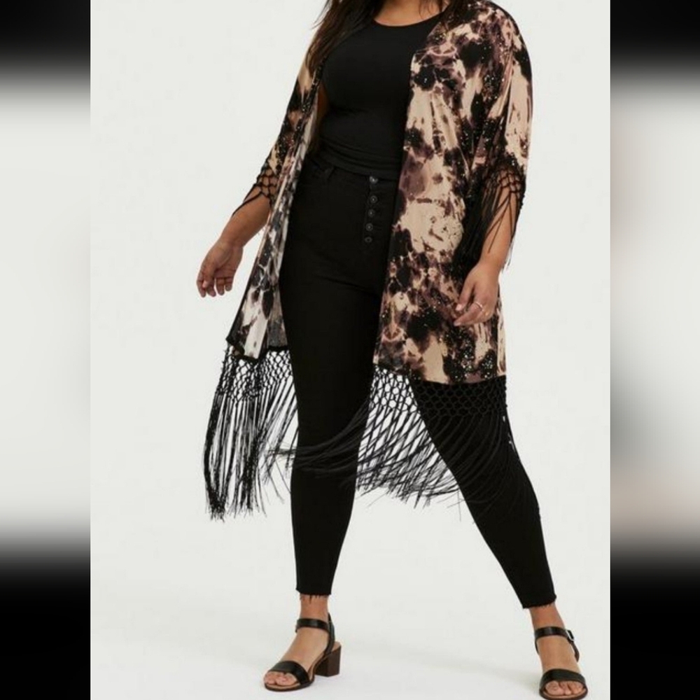 Torrid women's kimono duster tie dyed fringe size 1/2